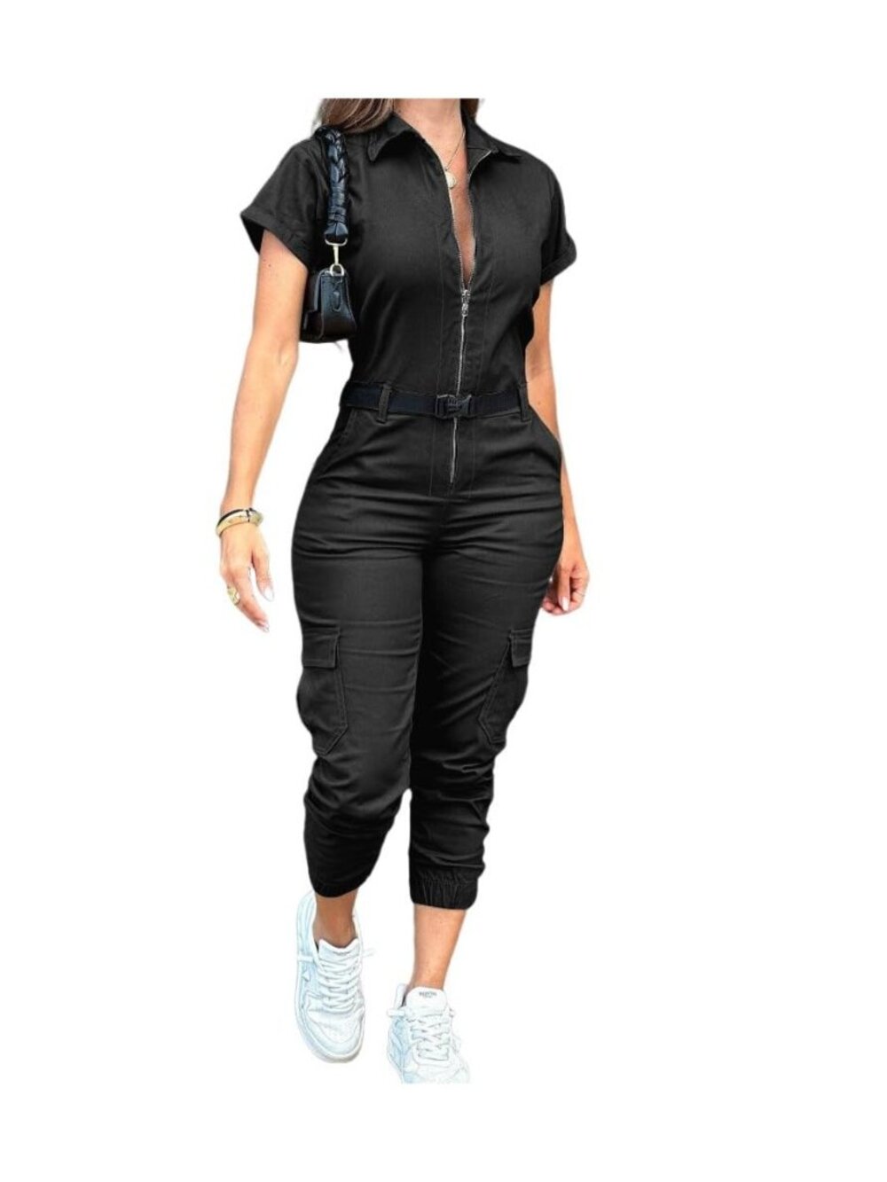 Womens Short Sleeve Cargo Jumpsuit Casual Romper with Pocket